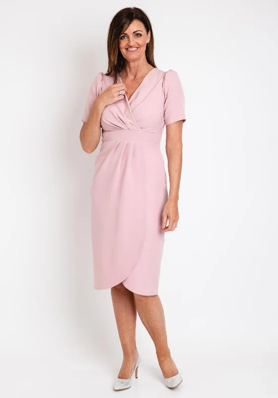 Coco Doll Toya Faux Wrap Midi Dress, Blush Trendy Off-Shoulder Button Midi Dress