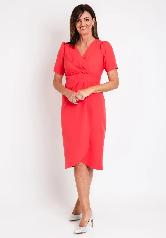 Coco Doll Toya Faux Wrap Midi Dress, Coral Comfortable Draped Midi Dress