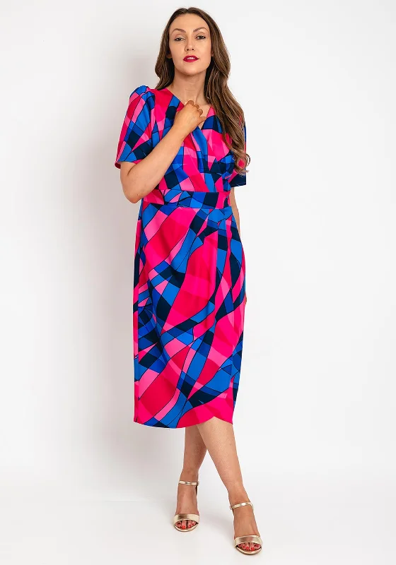 Coco Doll Toya Geometric Print Midi Dress, Pink & Blue Trendy Tiered Hem Midi Dress