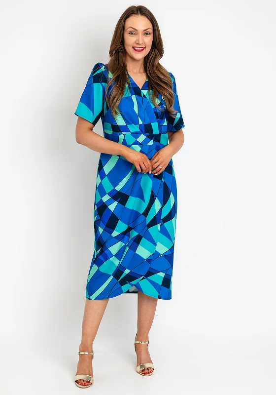 Coco Doll Toya Geometric Print Midi Dress, Royal Blue Stylish Long Sleeve Floral Midi Dress