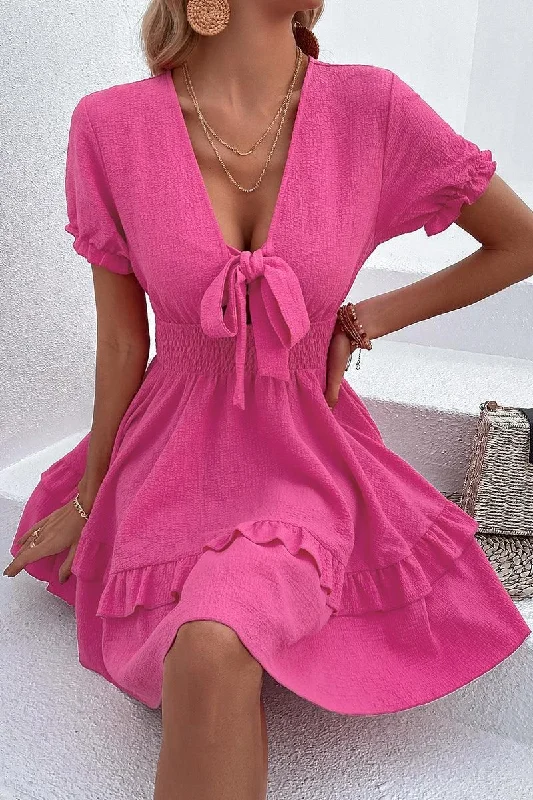 PUFF LACE RUFFLED TIED CHEST MINI DRESS Trendy Lace Mini Dress