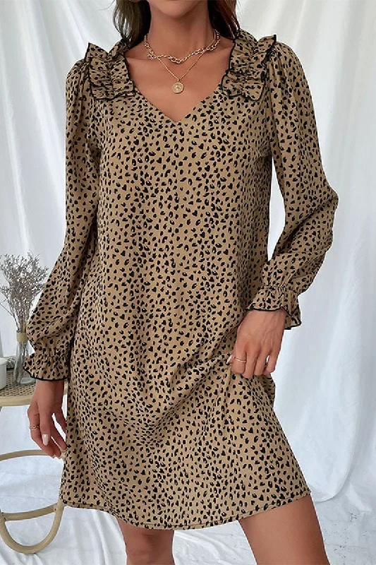 WOMEN RUFFLE SHOULDER DETAILED LEOPARD MINI DRESS Trendy Mini Dress with Belt