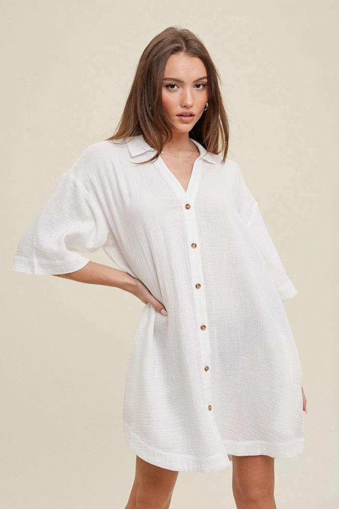 Easy Gauze Button Up Mini Dress Cozy A-Line Mini Dress