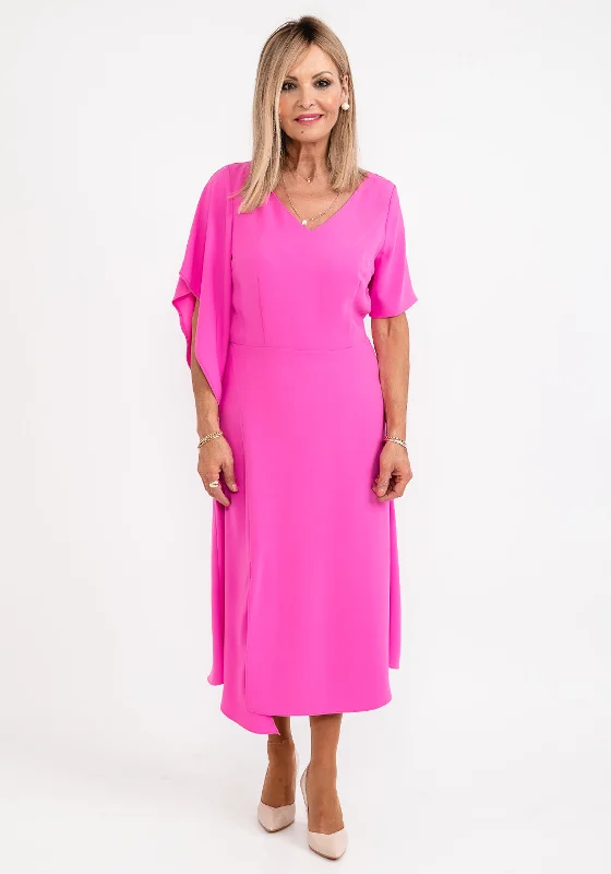 Ella Boo Drape Sleeve A Line Midi Dress, Pink Fashionable Sheer Sleeve Midi Dress