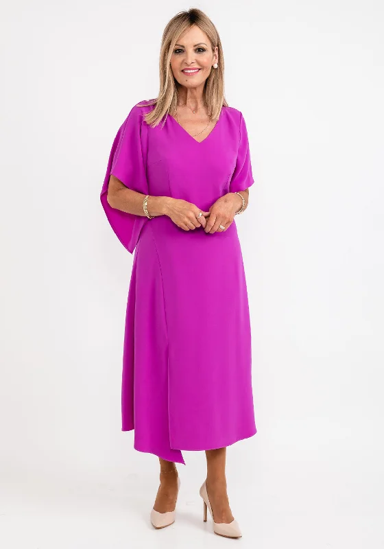 Ella Boo Drape Sleeve A Line Midi Dress, Fuchsia Elegant Pleated Sleeve Midi Dress