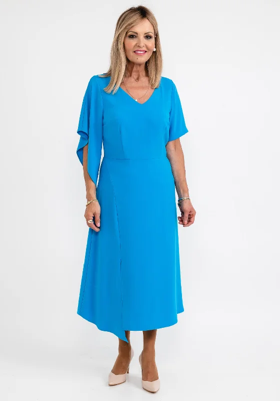 Ella Boo Drape Sleeve A Line Midi Dress, Ocean Trendy Square Neck Midi Dress