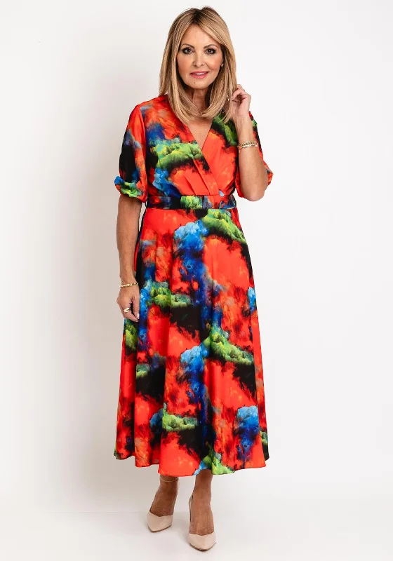 Ella Boo Watercolour Inspired Midi Dress, Multi Trendy Midi Dress with Belt