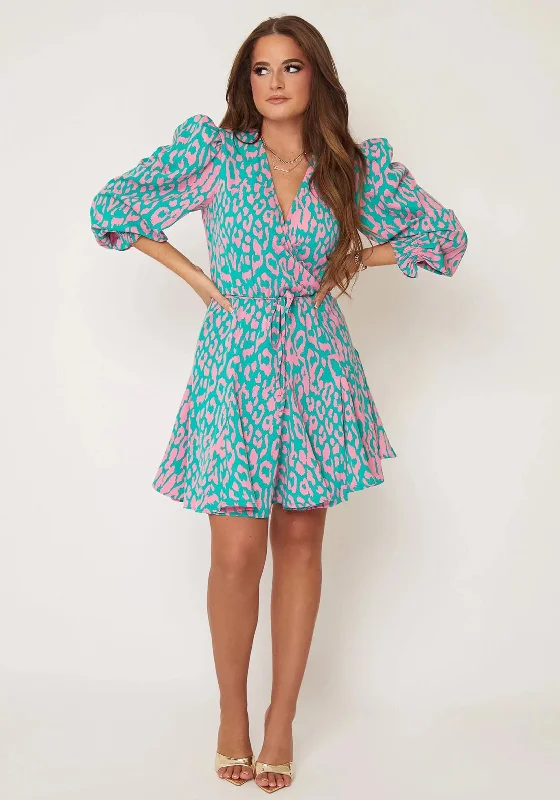 Girl in Mind Eve Mini Dress, Pink & Turquoise Trendy Wraparound Mini Dress