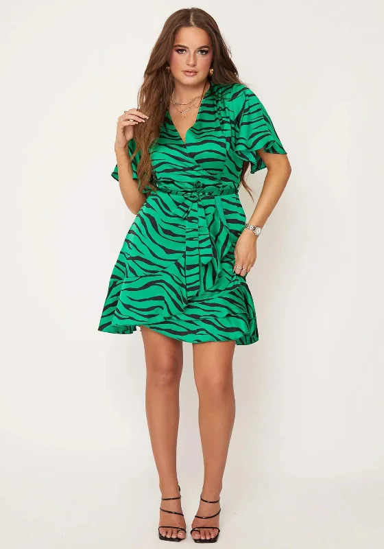 Girl In Mind Felicity Zebra Print Mini Dress, Green Fashionable Mini Dress with Slits