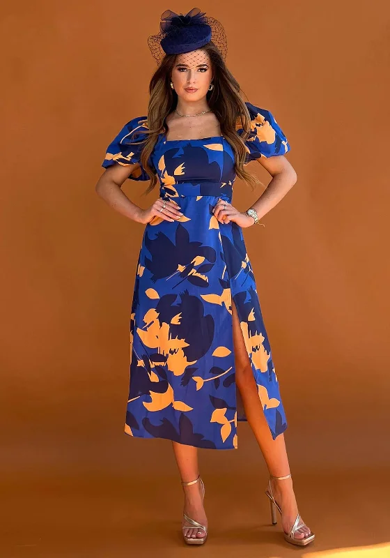 Girl In Mind Chanice Square Neck Floral Midi Dress, Cobalt Blue & Orange Trendy Fit-and-Flare Midi Dress