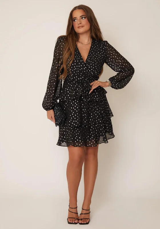 Girl in Mind Kimberly Dotty Mini Dress, Black & Silver Fashionable Button-Front Mini Dress