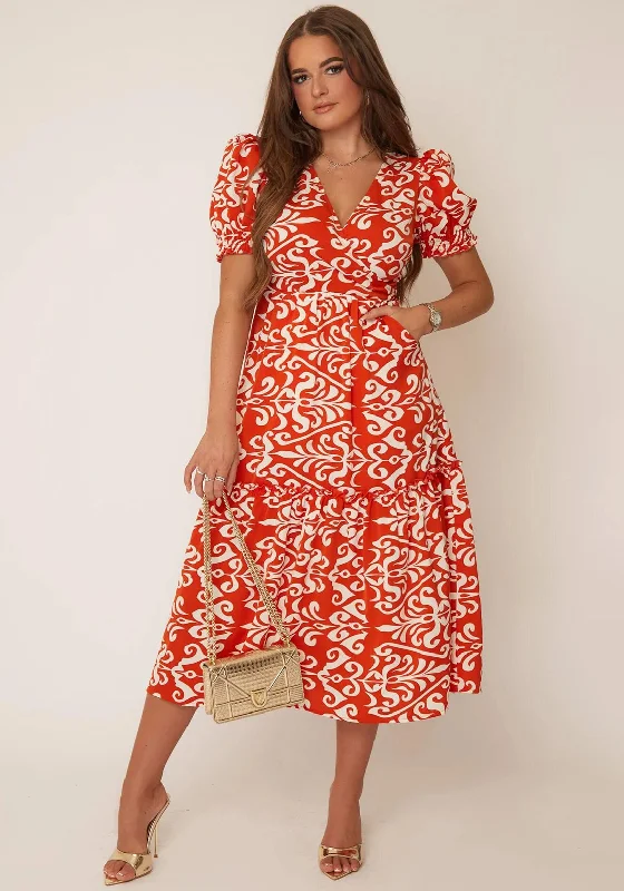 Girl In Mind Maya Print Tiered Midi Dress, Rust Stylish Button-Down Midi Dress