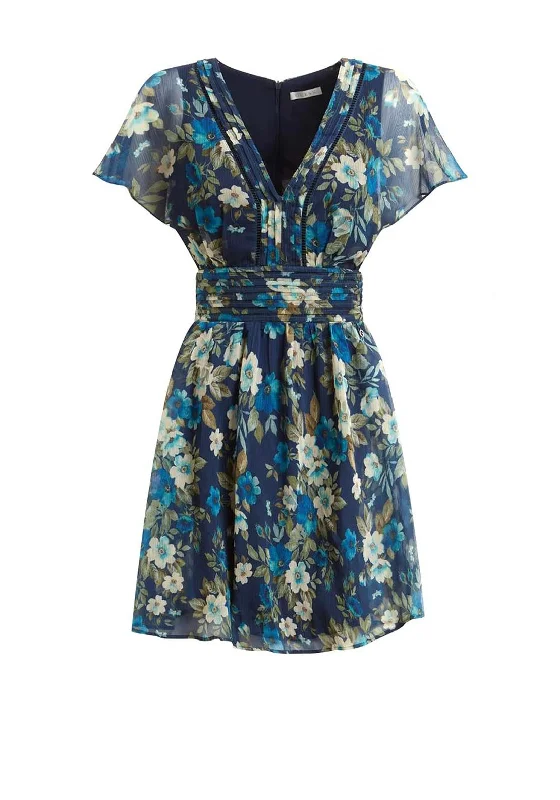 Guess Womens Floral Mini Dress, Navy Multi Elegant Mini Dress with Ruffles