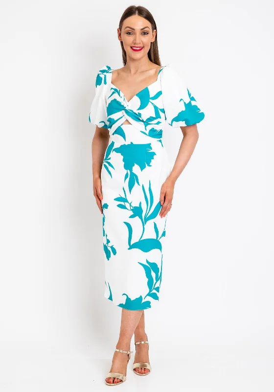 Herysa Esther Print Knot Midi Dress, White & Green Elegant Pleated Sleeve Midi Dress