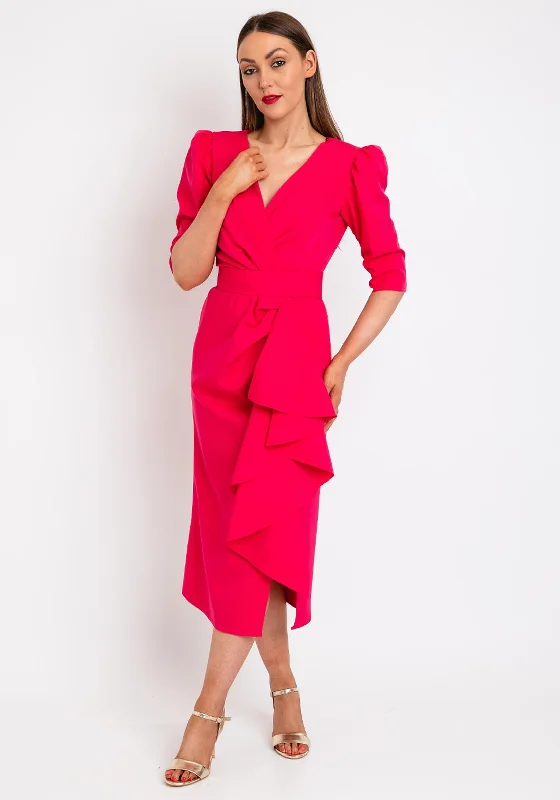 Herysa Clarisa Ruffle Drape Front Midi Dress, Fuchsia Trendy Square Neck Midi Dress