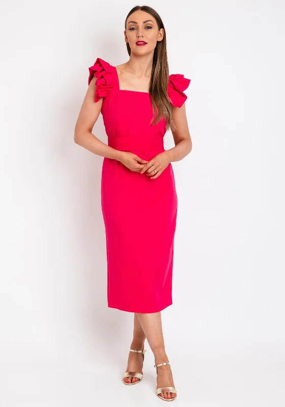 Herysa Iris Ruffle Sleeve Midi Dress, Fuchsia Comfortable Ruched Midi Dress