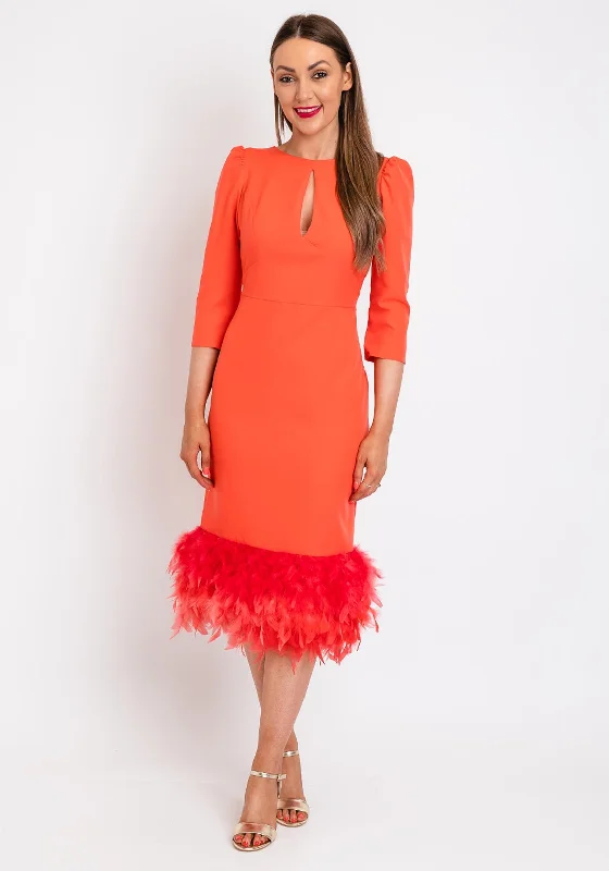 Herysa Begona Feather Trim Hem Midi Dress, Coral Cozy Wide Strap Midi Dress