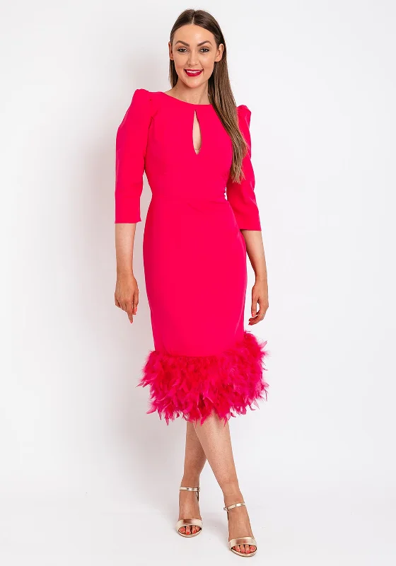 Herysa Begona Feather Trim Hem Midi Dress, Fuchsia Trendy Off-Shoulder Ruffle Midi Dress