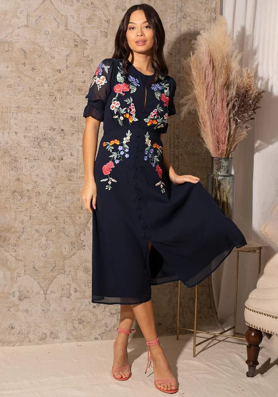 Hope & Ivy Anais Floral Midi Dress, Navy Comfortable Lace-Up Midi Dress