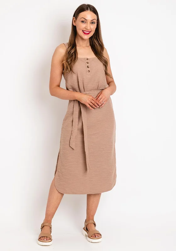 Ichi Woven Straight Midi Dress, Beige Stylish Color Block Midi Dress