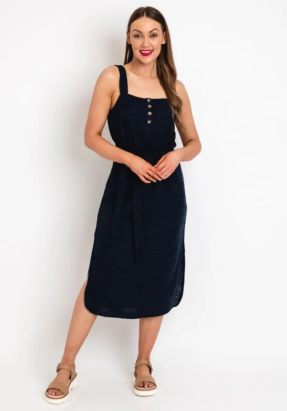 Ichi Woven Straight Midi Dress, Navy Comfortable Geometric Print Midi Dress