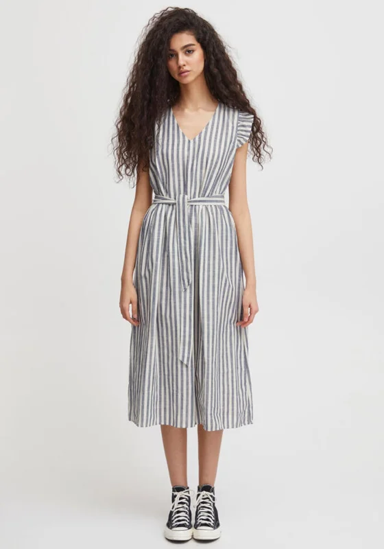 Ichi Striped Ruffle Shoulder Midi Dress, Natural Elegant Floral Skirt Midi Dress