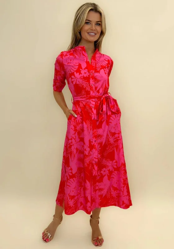 Kate & Pippa Capri Leaf Print Midi Dress, Flower Fuchsia Elegant Satin Midi Dress