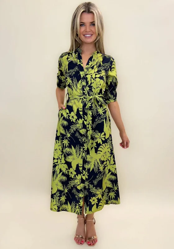 Kate & Pippa Capri Leaf Print Midi Dress, Flower Navy & Lime Stylish Button-Down Midi Dress