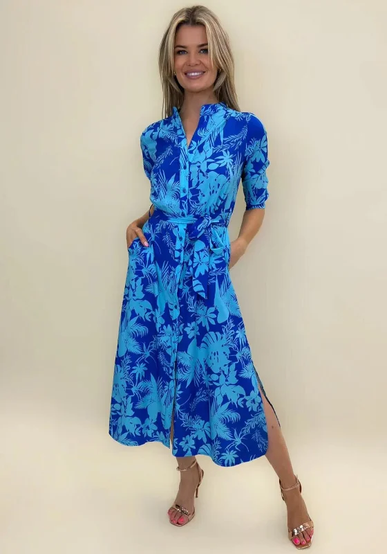 Kate & Pippa Capri Leaf Print Midi Dress, Flower Blue Trendy Long Sleeve Midi Dress