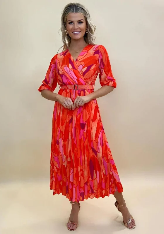 Kate & Pippa Positano Print Midi Dress, Orange & Pink Elegant Satin Button Midi Dress