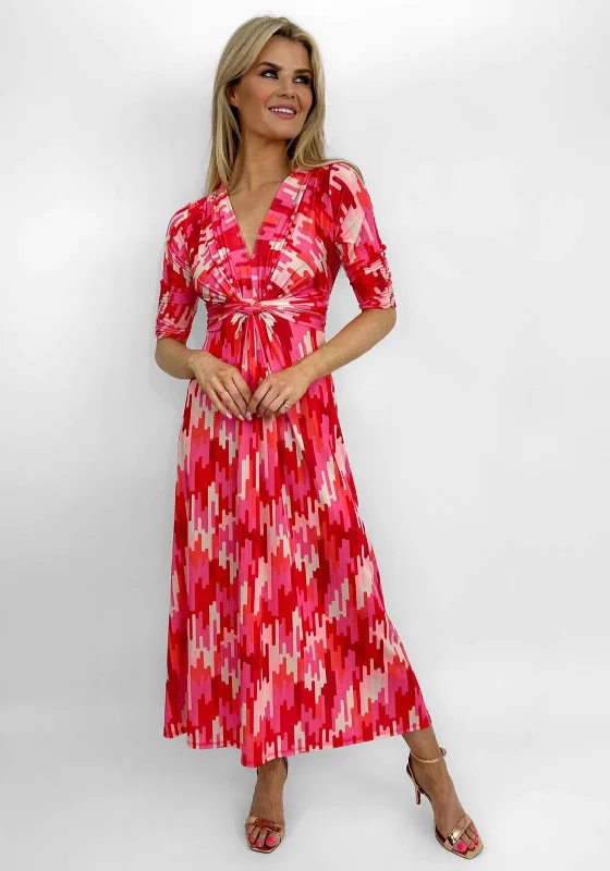 Kate & Pippa Alana Knot Print Midi Dress, Pink Multi Trendy Tiered Hem Midi Dress