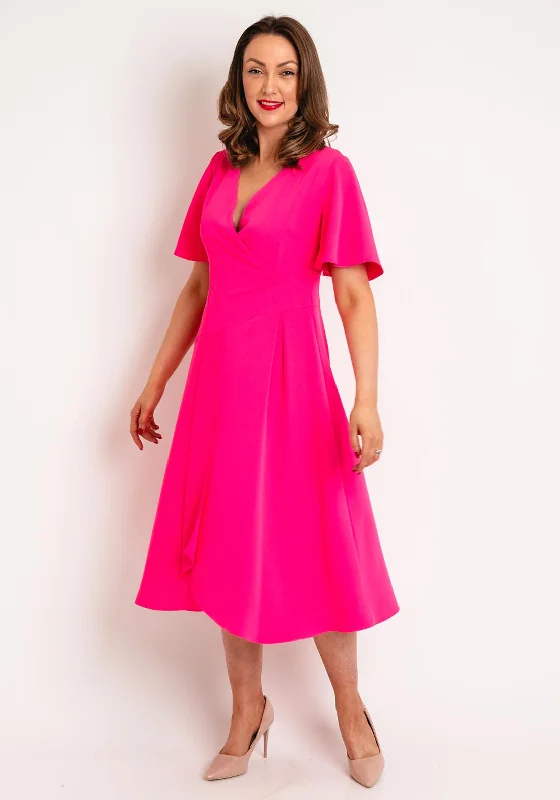 Kate Cooper Mock Wrap Midi Dress, Pink Stylish Vintage Midi Dress