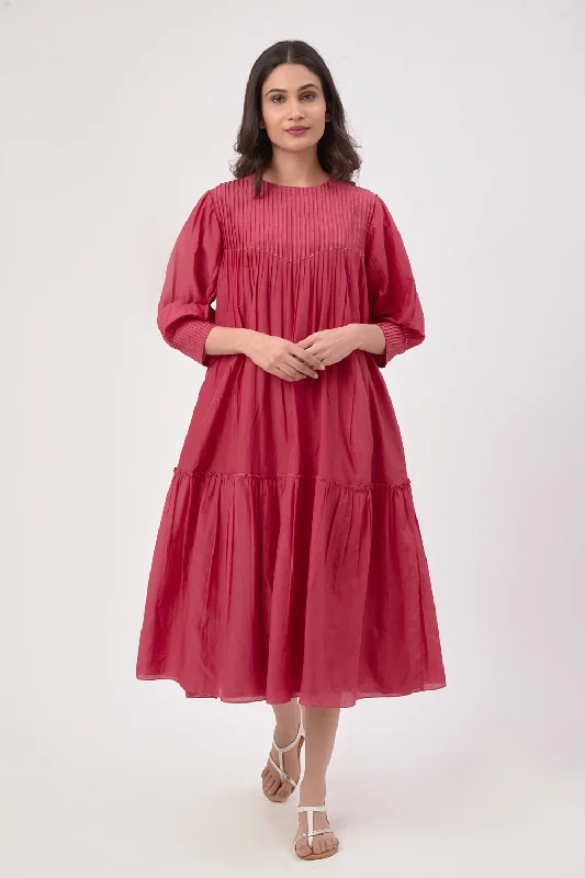 Crimson Pleated Mini Dress Comfortable Linen Mini Dress