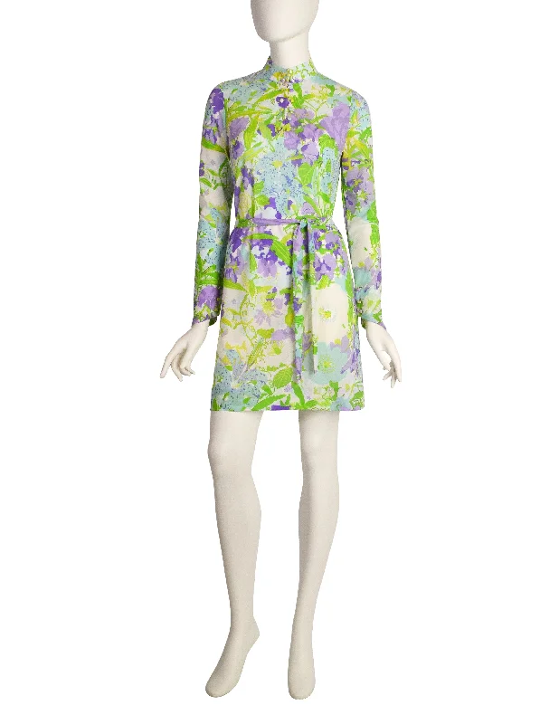 Ken Scott Vintage 1967 Poggio Imperiale Purple Green Floral Print Mini Dress Fashionable Summer Mini Dress