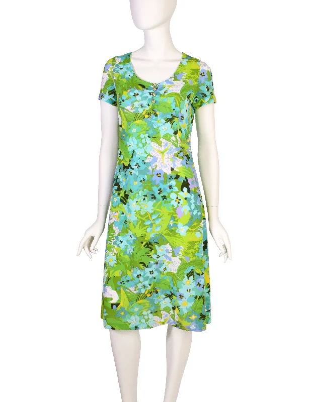 Ken Scott Vintage 1970s Vibrant Green Floral Print Mini Dress Stylish Floral Print Mini Dress