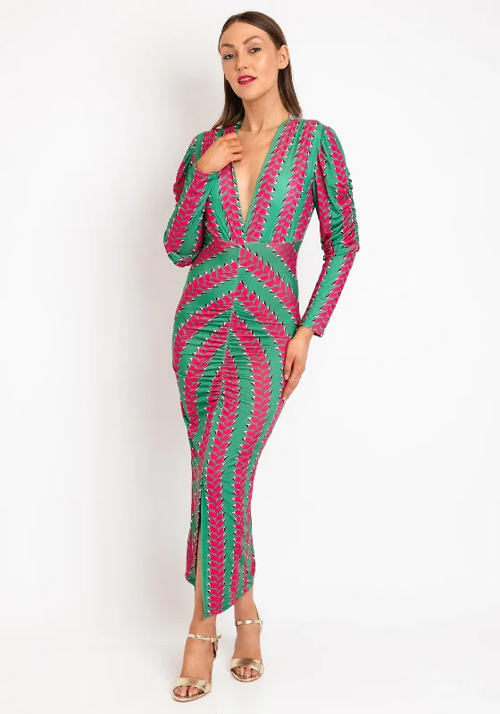 The Sofia Collection Printed Pencil Midi Dress, Green & Pink Trendy Mock Neck Midi Dress