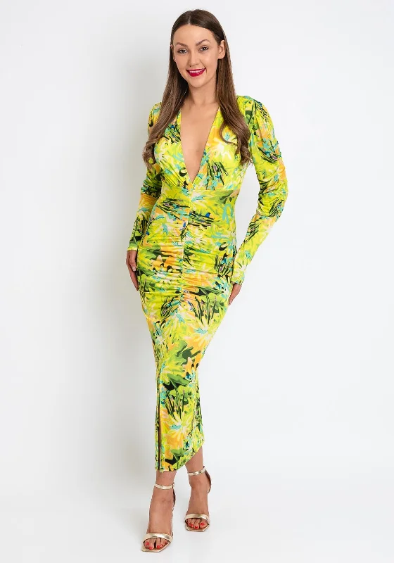 The Sofia Collection Printed Pencil Midi Dress, Yellow Multi Elegant Faux Wrap Midi Dress