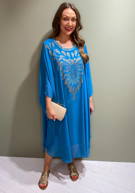 Serafina Collection Embellished design Kaftan Midi Dress, Turquoise Stylish Long Sleeve Floral Midi Dress