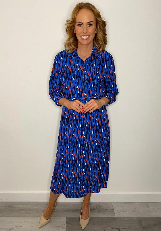 Lizabella Chiffon Print Shirt Midi Dress, Blue Multi Trendy Ruffle Hem Midi Dress