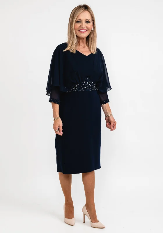 Lizabella Applique Waist Pencil Midi Dress, Navy Cozy Wide Strap Midi Dress