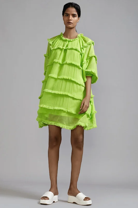 Neon Green Mul Mini Dress Trendy Off-Shoulder Dress Mini