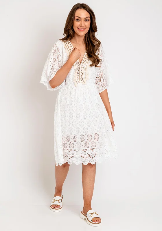 Serafina Collection One Size Lace Midi Dress, White Elegant Faux Wrap Midi Dress