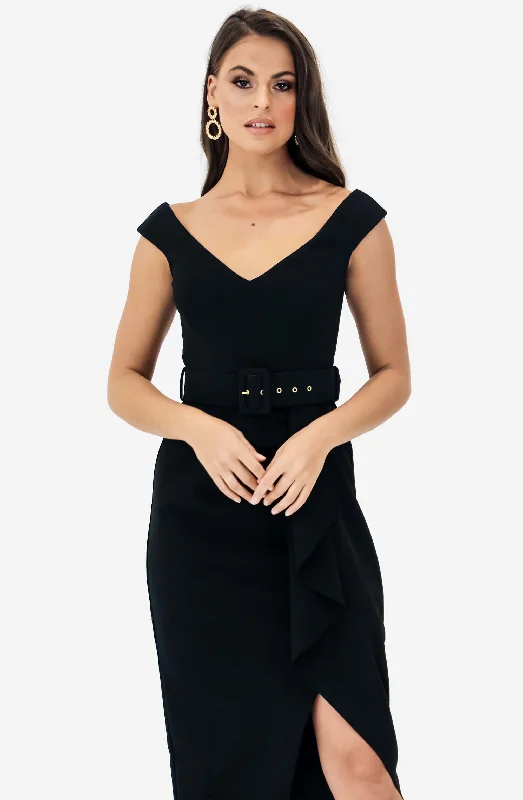 Dynasty Waterfall Black Midi Dress by Pasduchas Elegant Velvet Midi Dress