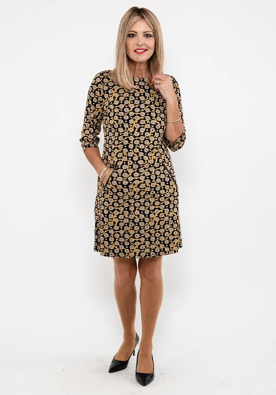 Seventy1 Circle & Swirl Print Mini Dress, Black & Yellow Casual Mini Dress with Pockets