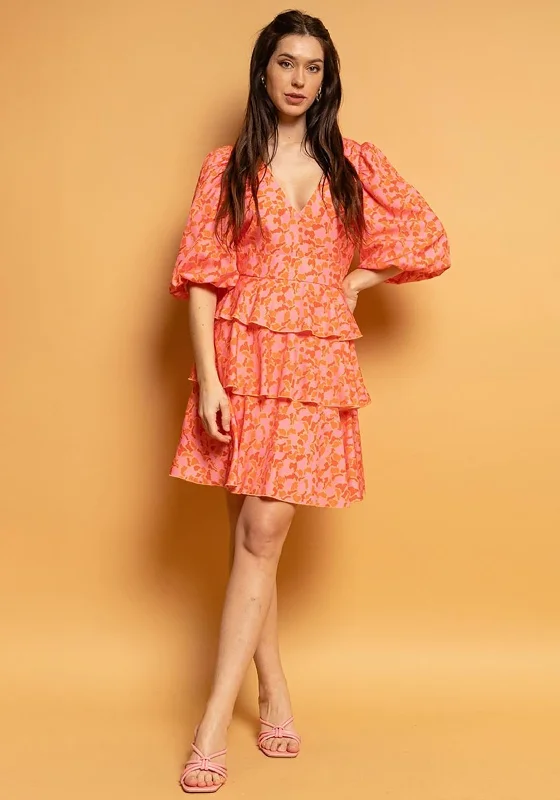 Seventy1 Bishop Sleeve Tiered Mini Dress, Orange & Pink Comfortable One-Shoulder Mini Dress