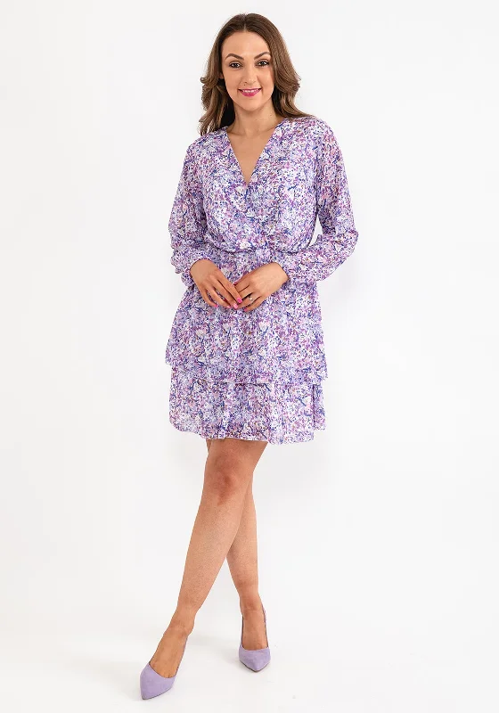 Seventy1 One Size Ditsy Floral Mini Dress, Lilac Trendy Crossover Mini Dress