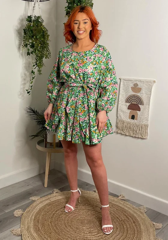 Seventy1 One Size Floral Batwing Sleeve Mini Dress, Green Trendy A-Line Mini Dress