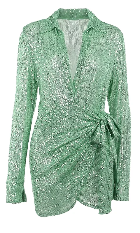 Shimmer Baby Green Sequin Long Sleeve Collar Plunge V Neck Faux Wrap Tie Waist Mini Dress Classic Casual Mini Dress Shimmer Baby Green Sequin Long Sleeve Collar Plunge V Neck Faux Wrap Tie Waist Mini Dress Classic Casual Mini Dress