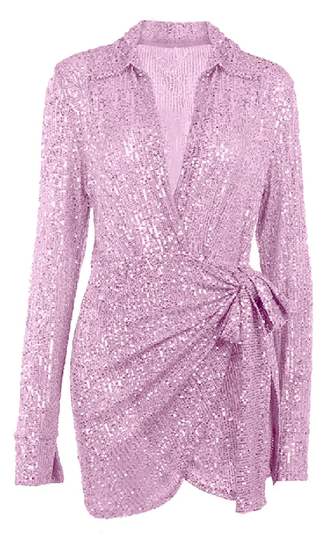 Shimmer Baby <br><span>Pink Sequin Long Sleeve Collar Plunge V Neck Faux Wrap Tie Waist Mini Dress</span> Comfortable Shift Mini Dress Shimmer Baby <br><span>Pink Sequin Long Sleeve Collar Plunge V Neck Faux Wrap Tie Waist Mini Dress</span> Comfortable Shift Mini Dress