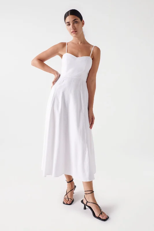 Salsa Linen Midi Dress, White Trendy Fit-and-Flare Midi Dress